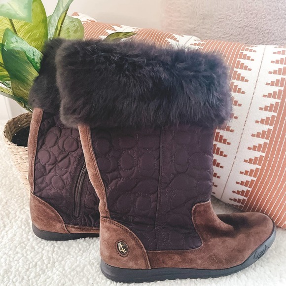 Coach Talen Suede & Fur Quilted Snow Boots Brown - Picture 1 of 7